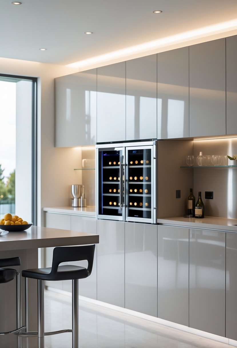 A modern kitchen with a kitchen island featuring a built-in wine cooler and bar stools.