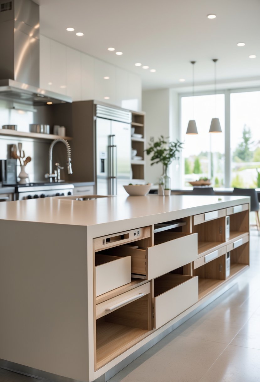 A modern kitchen island with hidden storage compartments in a bright kitchen with stainless steel appliances and pendant lighting.