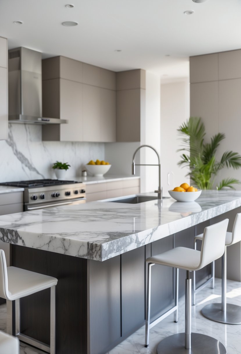 A modern kitchen with a marble countertop island, bar stools, cabinets, and appliances.
