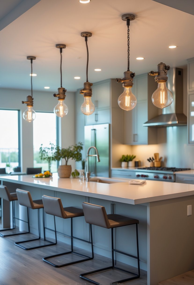 A modern kitchen with a large island and hanging pendant lights illuminating the space.