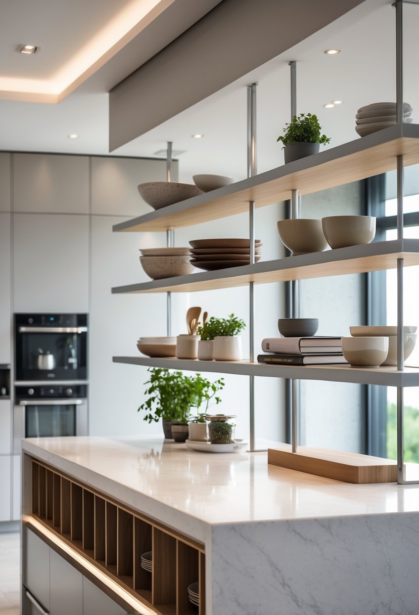 A modern kitchen with a spacious island featuring open shelves displaying kitchenware and plants, surrounded by clean, bright surroundings.
