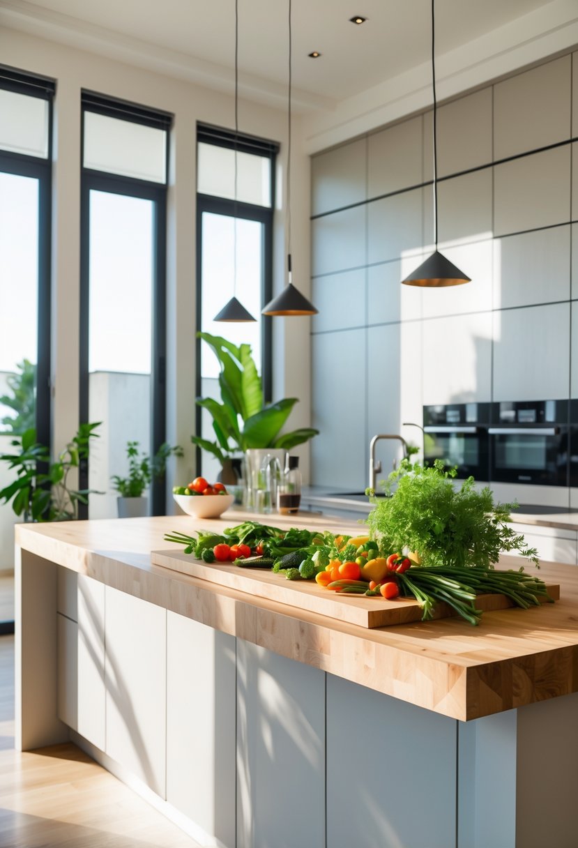 A modern kitchen island with a butcher block cutting board and fresh vegetables arranged on it in a bright, spacious kitchen.