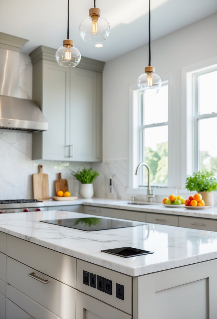 A modern kitchen island with built-in pop-up power outlets partially raised, surrounded by kitchen accessories and bright natural light.