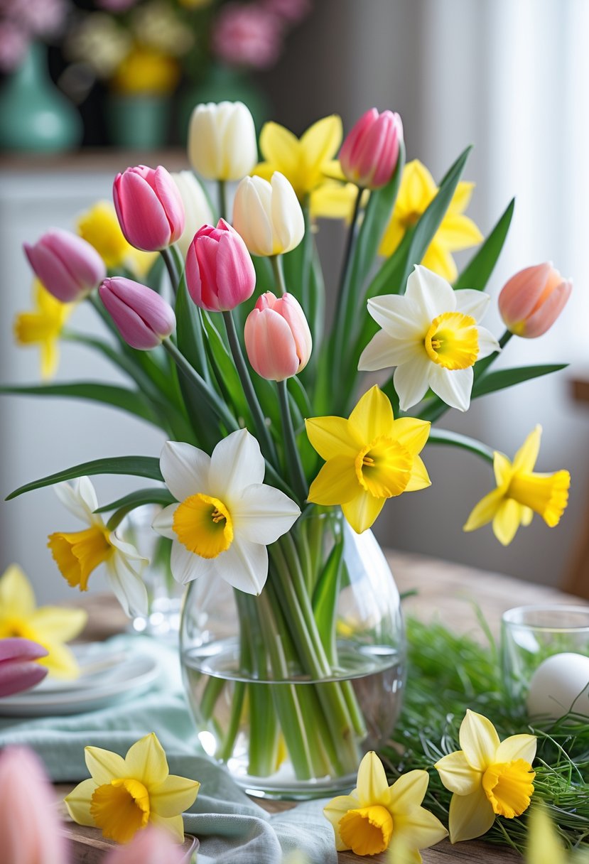 A colorful bouquet of tulips and daffodils in a glass vase on a wooden table.