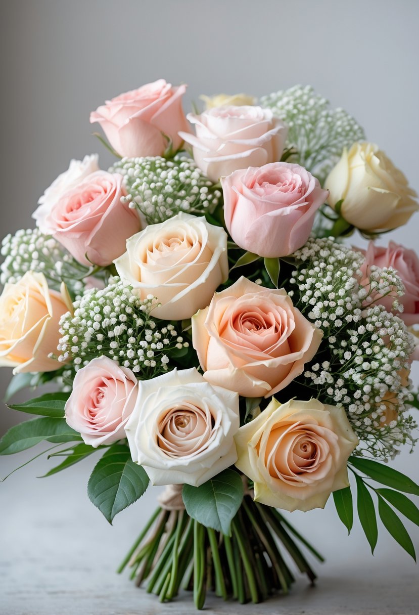 A bouquet of pastel roses and white baby's breath flowers with green leaves on a soft background.