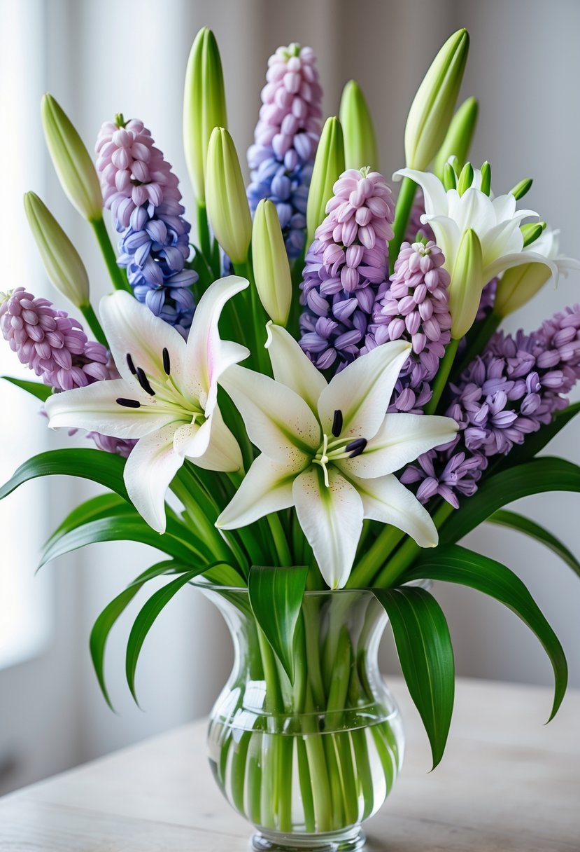A clear glass vase holding a mixed arrangement of white lilies and purple and blue hyacinths on a light wooden surface.