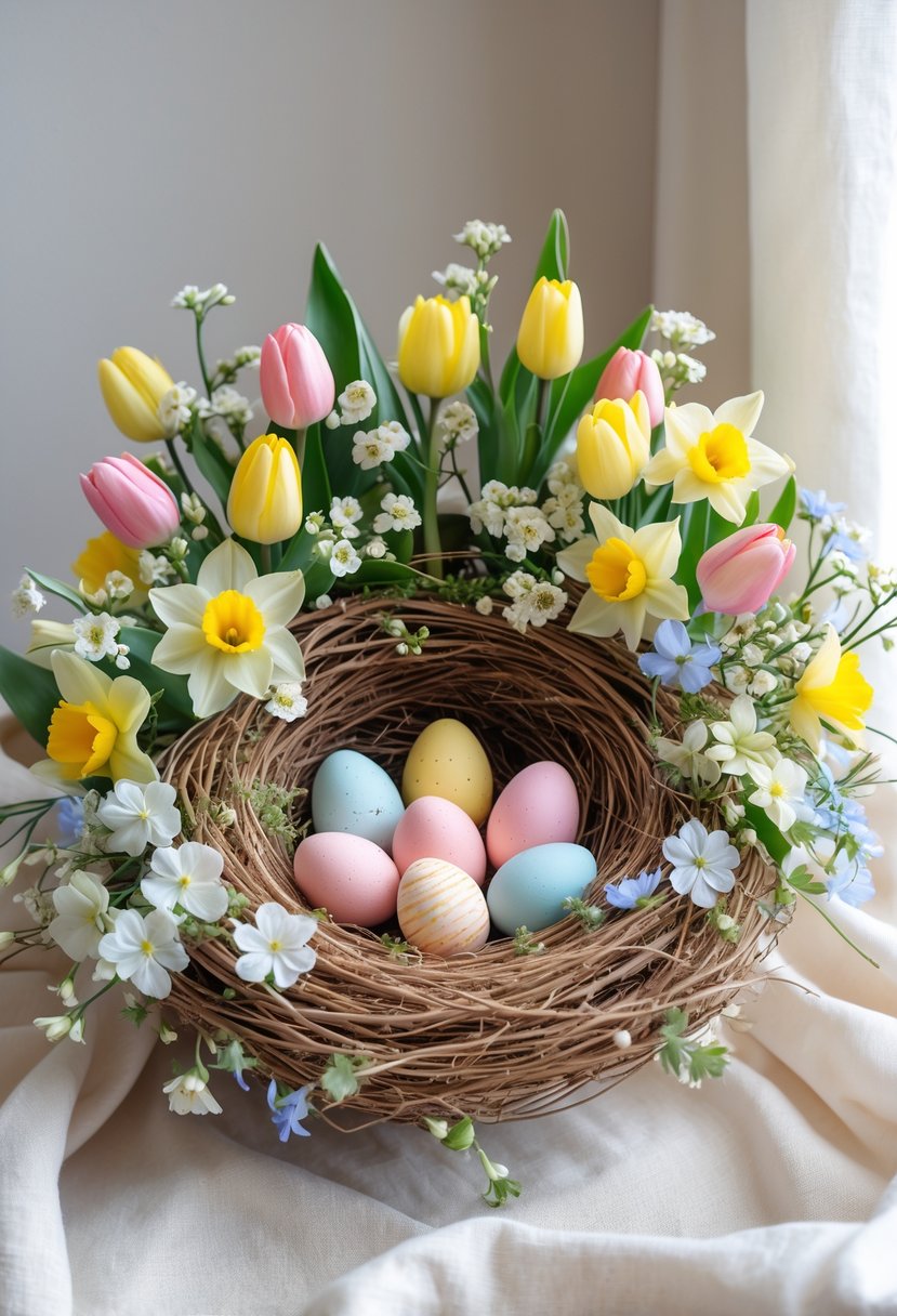 A nest-shaped floral wreath with pastel Easter eggs and spring flowers arranged inside on a neutral background.