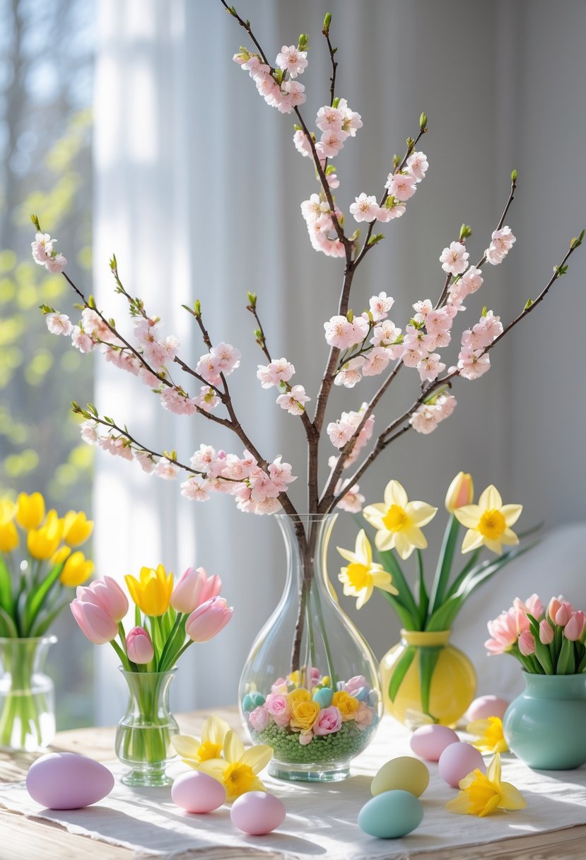 A cherry blossom branch arranged with spring flowers like tulips and daffodils on a wooden table with natural light.