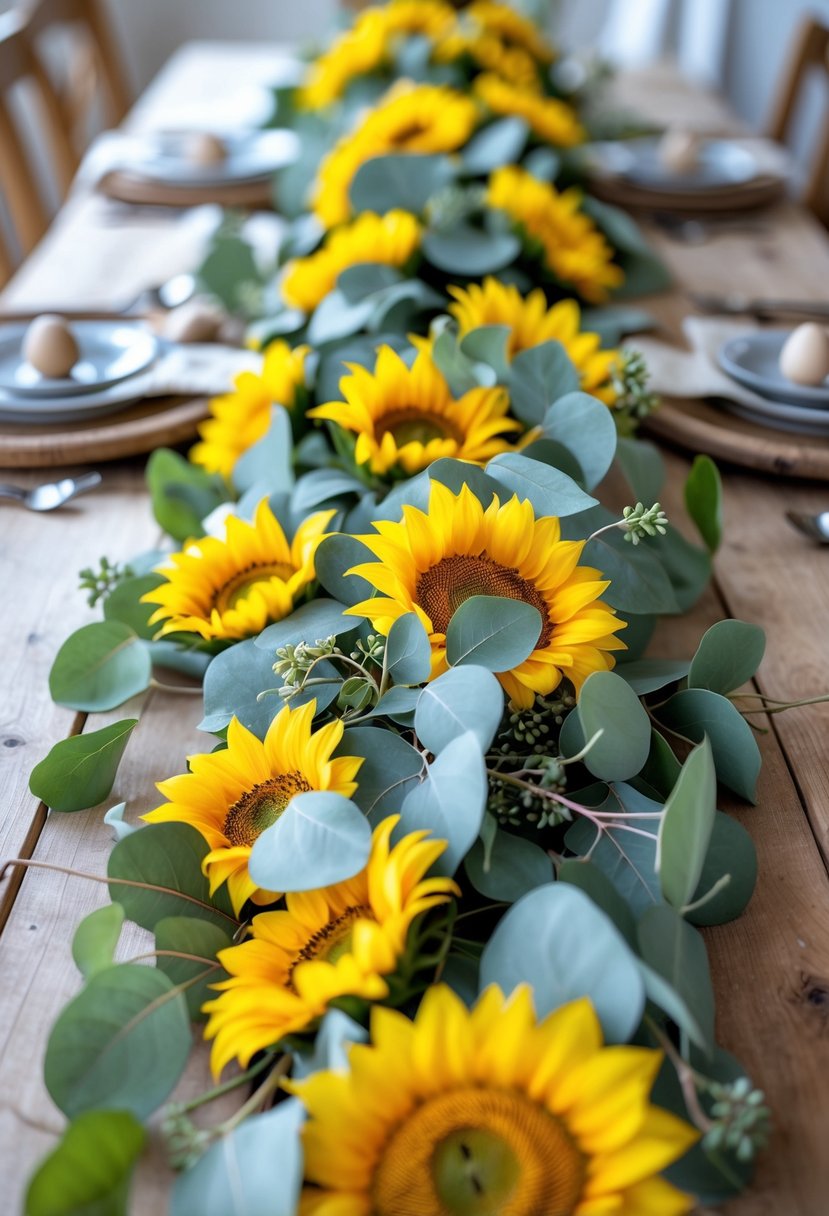 A table decorated with a garland of sunflowers and eucalyptus leaves.
