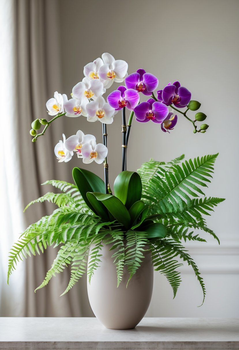 A vase holding a floral arrangement of orchids and ferns on a neutral background.