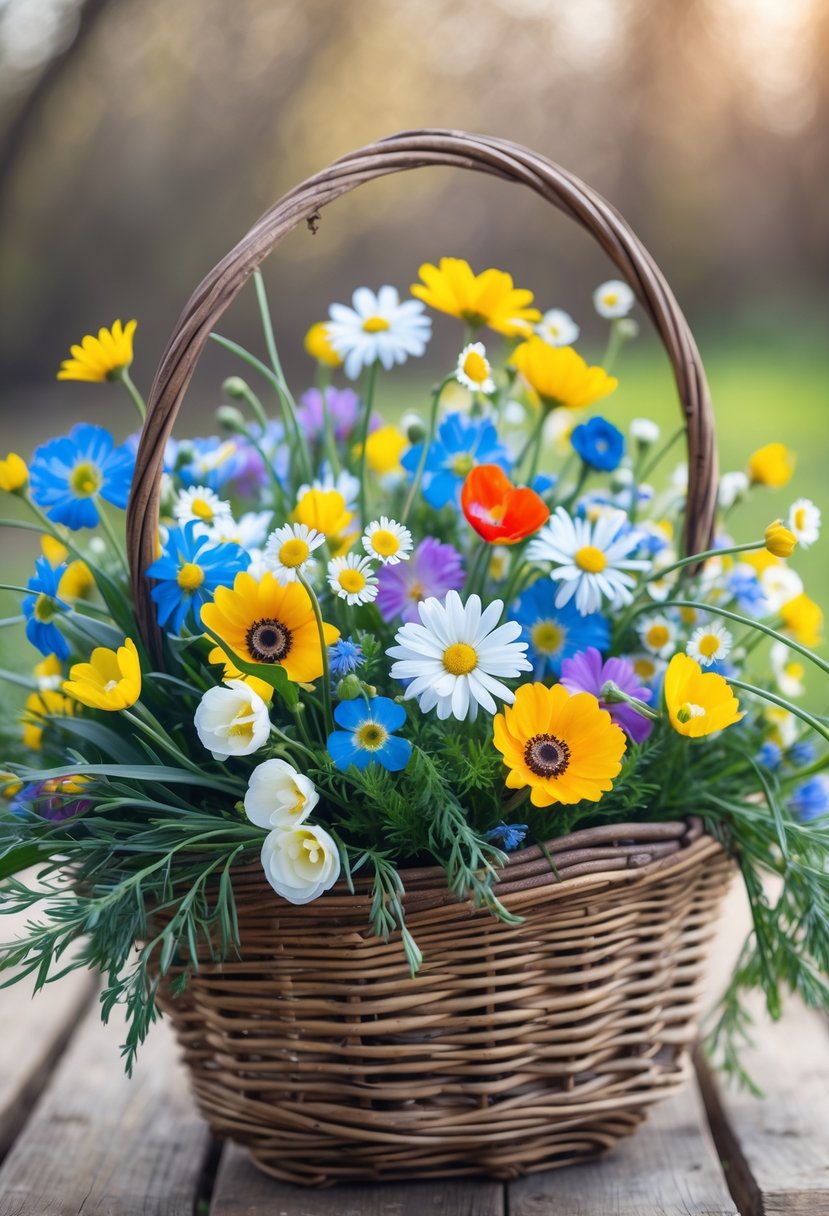 A wicker basket filled with a colorful mix of wildflowers on a wooden surface with a blurred garden background.