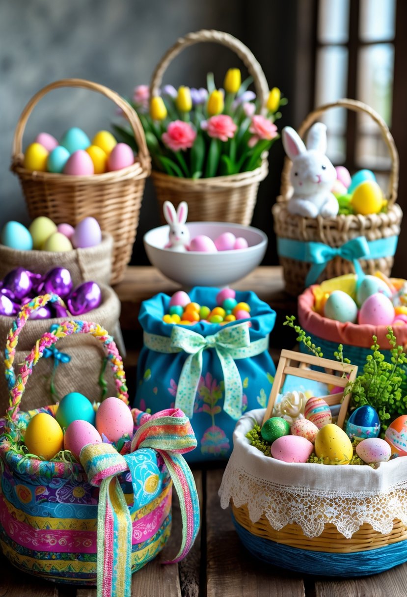 Seven different Easter baskets filled with colorful eggs, candies, toys, and flowers arranged on a wooden table.