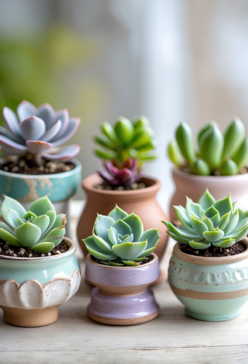 Seven mini succulent plants in decorative pots arranged on a wooden surface.