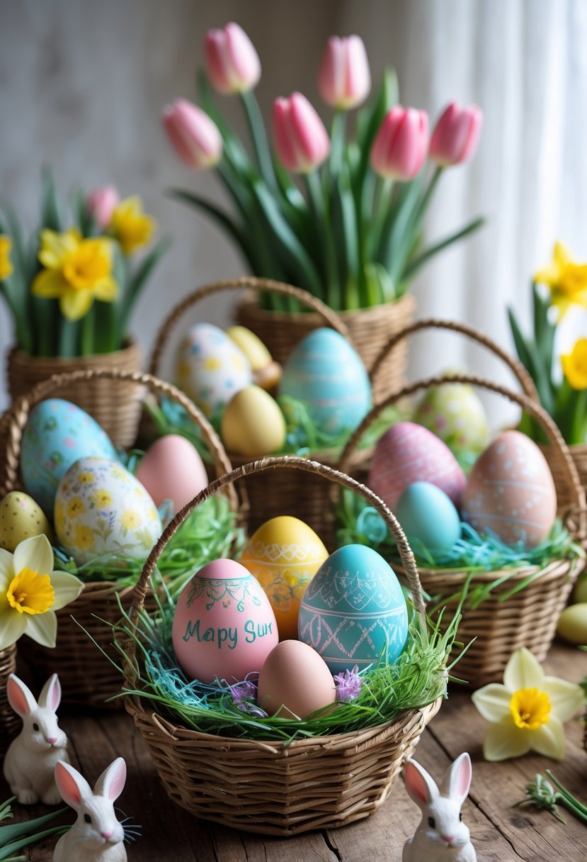 Seven Easter baskets filled with personalized decorated eggs, spring flowers, and festive decorations arranged on a wooden table.