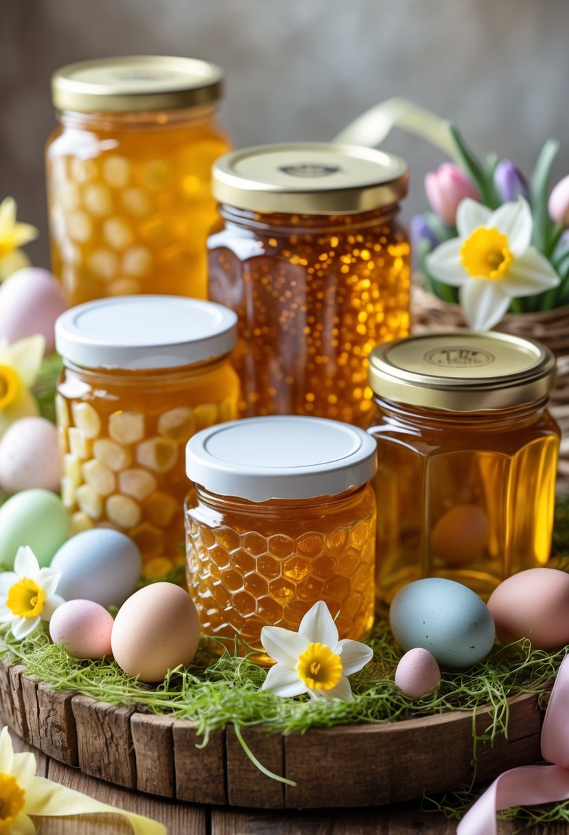 A wooden table with artisanal honey jars surrounded by pastel-colored eggs, spring flowers, and basket fillers arranged for Easter.