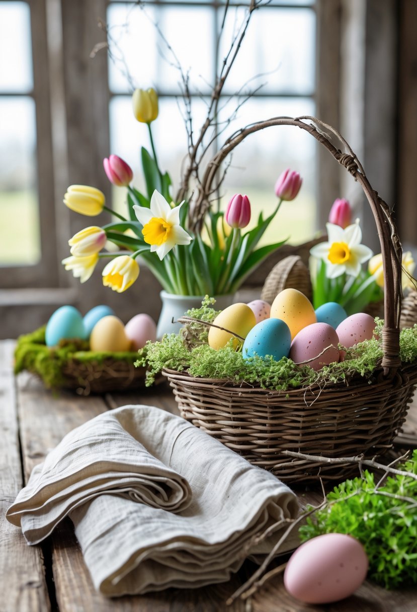 A wooden table with folded linen napkins next to an Easter basket filled with colorful eggs and spring flowers.