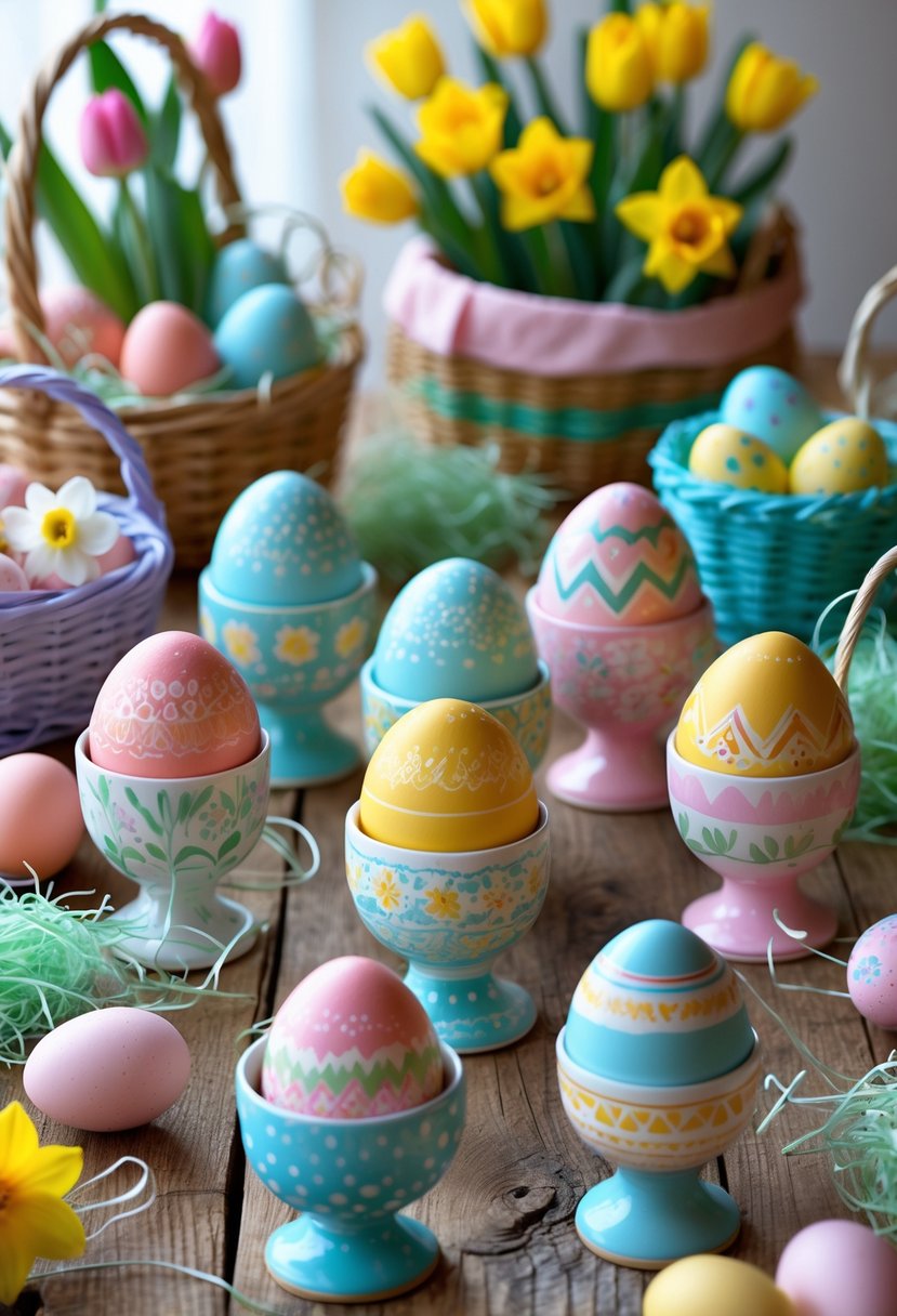A collection of hand-painted ceramic egg cups surrounded by seven different Easter basket decorations on a wooden table.