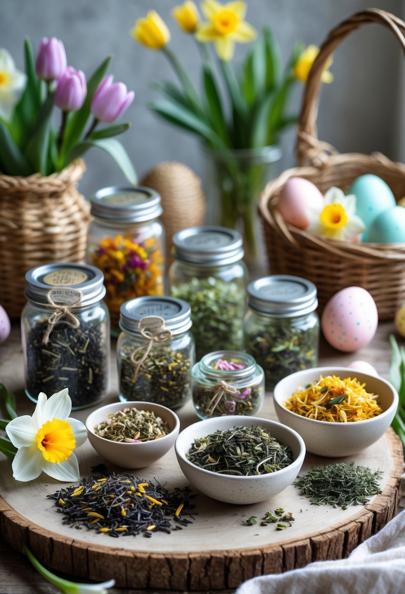 An arrangement of organic herbal tea jars, fresh spring flowers, pastel Easter eggs, and woven baskets on a wooden table.