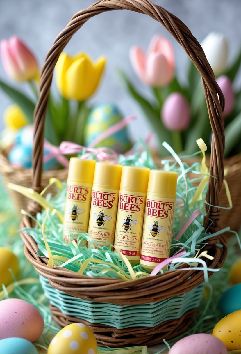 A basket filled with Burt's Bees lip balms, Easter eggs, and spring flowers arranged for an Easter gift.