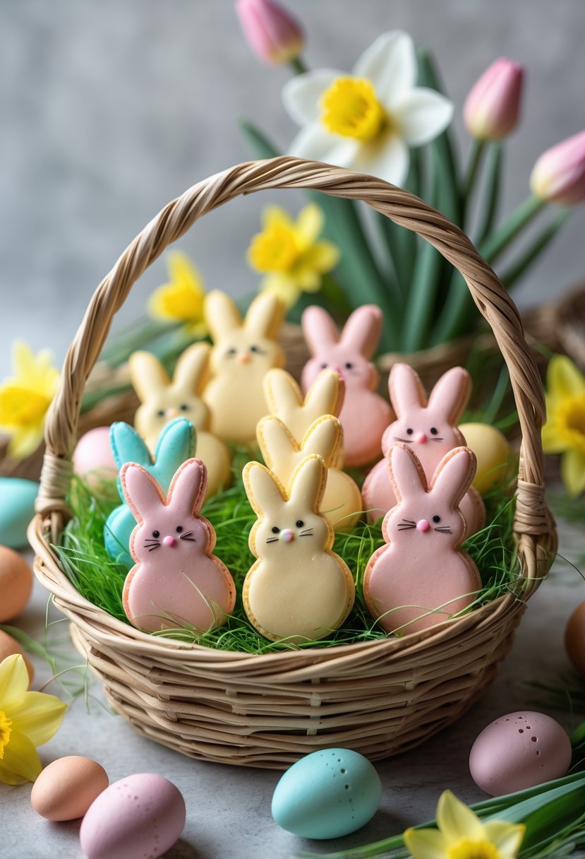 A woven basket filled with pastel bunny-shaped French macarons, surrounded by Easter eggs and spring flowers.
