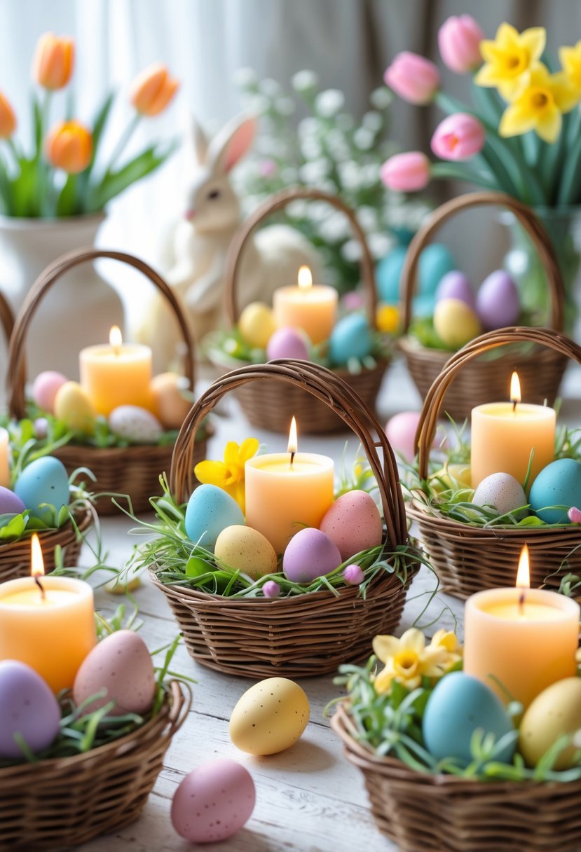 Seven Easter baskets filled with colorful eggs, flowers, greenery, and natural soy wax candles arranged on a wooden surface with soft natural light.
