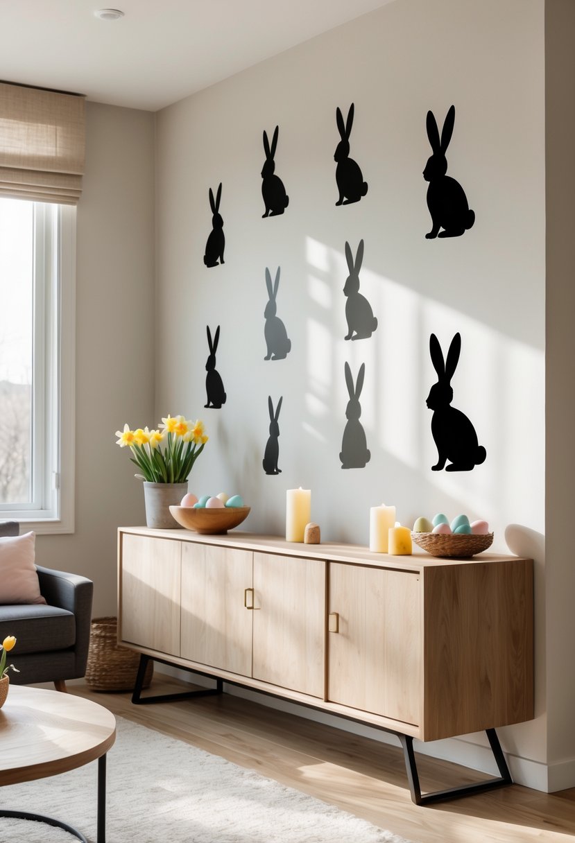 Living room wall decorated with black bunny silhouette decals and Easter-themed decorations on a wooden sideboard.