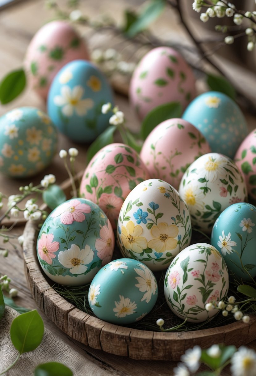 A collection of hand-painted ceramic Easter eggs with floral designs arranged on a wooden table with spring decorations.