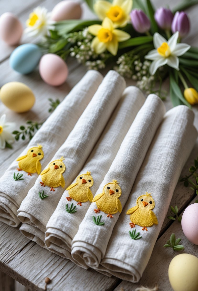 Linen napkins with embroidered yellow chicks arranged on a wooden table with Easter eggs and spring flowers nearby.