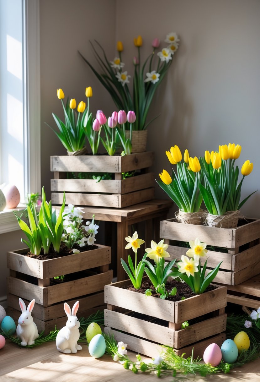 Rustic wooden crates holding green plants and spring flowers with Easter decorations on a wooden surface near a window.