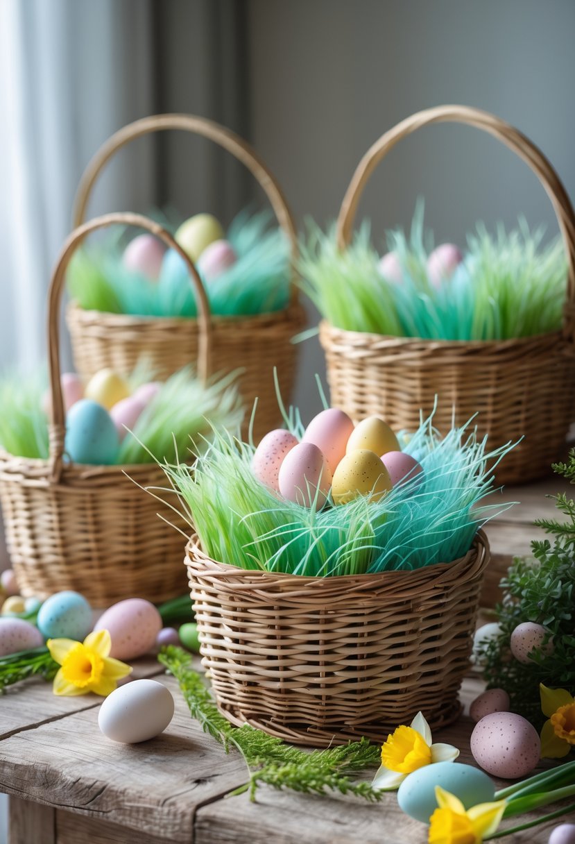 Woven wicker Easter baskets filled with pastel silk grass arranged on a wooden table with spring flowers and Easter decorations.