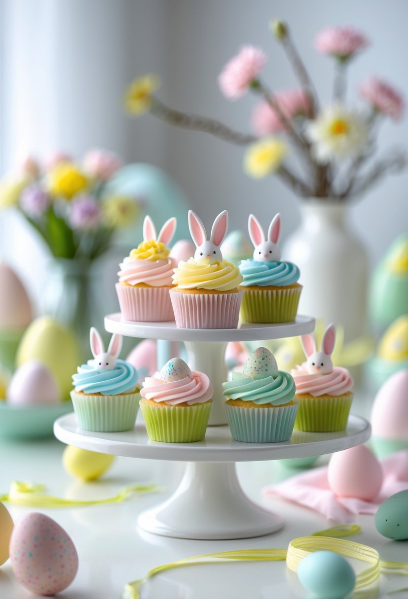 Cupcake stands displaying pastel frosted cupcakes decorated with Easter-themed accents on a bright table with spring decorations in the background.