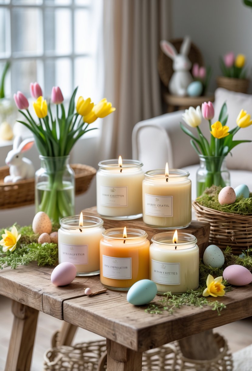 A table with Easter-themed scented candles surrounded by spring flowers, pastel Easter eggs, and greenery in a cozy living room setting.