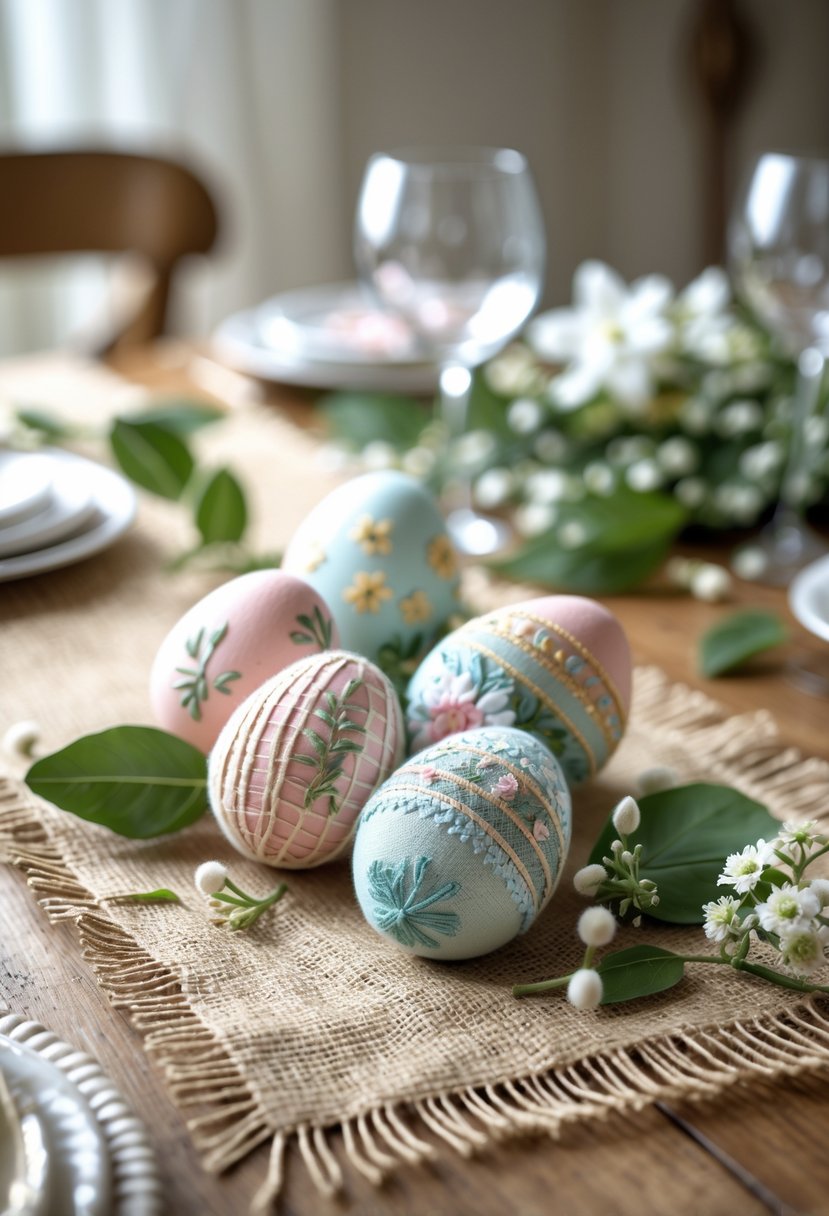A wooden table with a burlap table runner displaying embroidered Easter eggs and spring decorations.