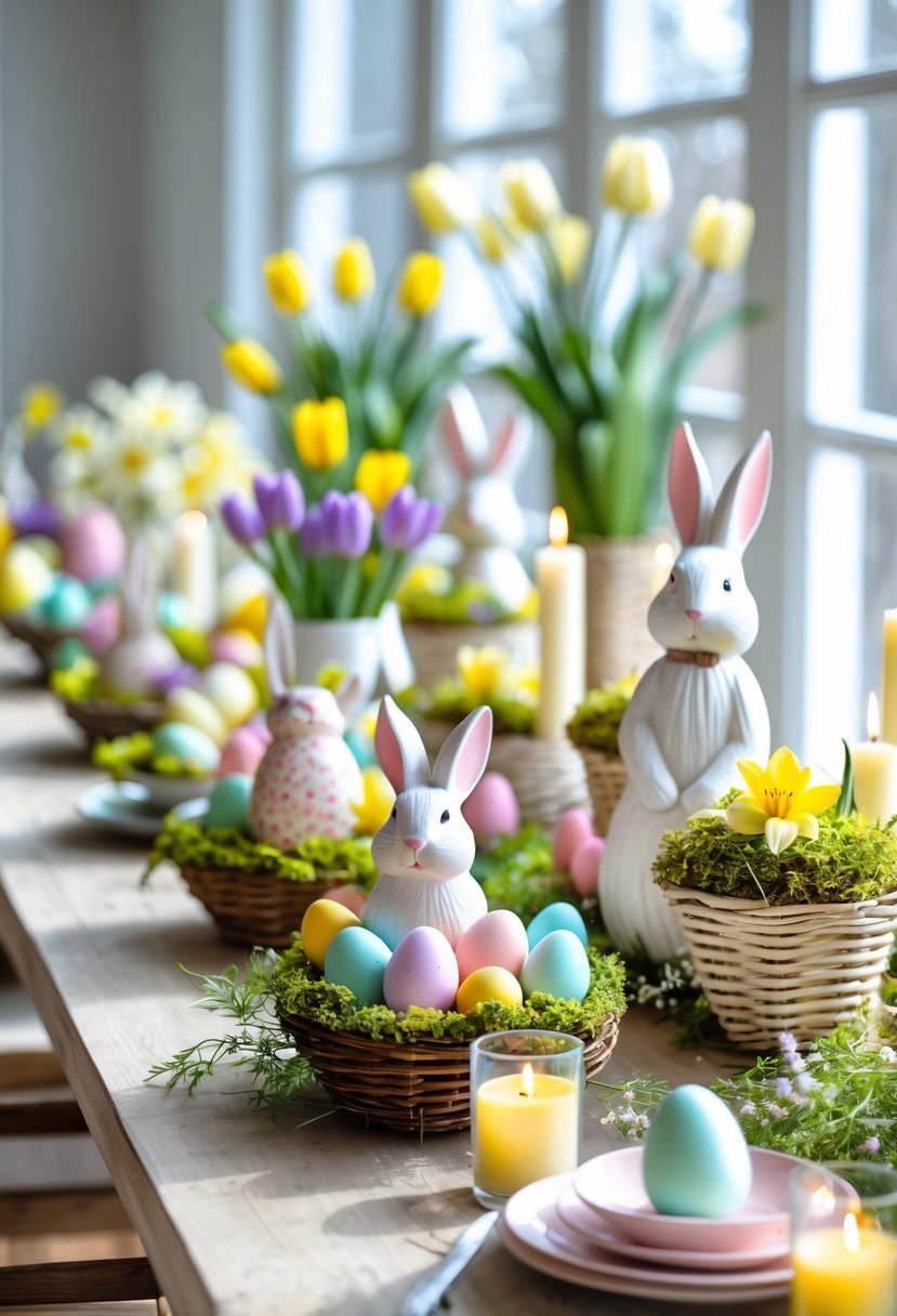 A table displaying ten different Easter centerpieces featuring flowers, colorful eggs, bunny decorations, and candles.