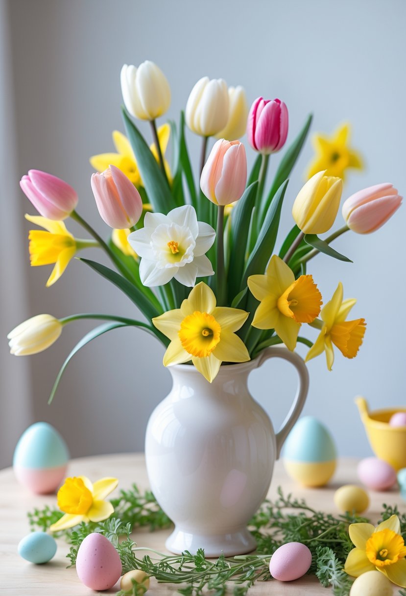 A pastel floral arrangement of tulips and daffodils in a white vase on a wooden table with small Easter decorations around it.