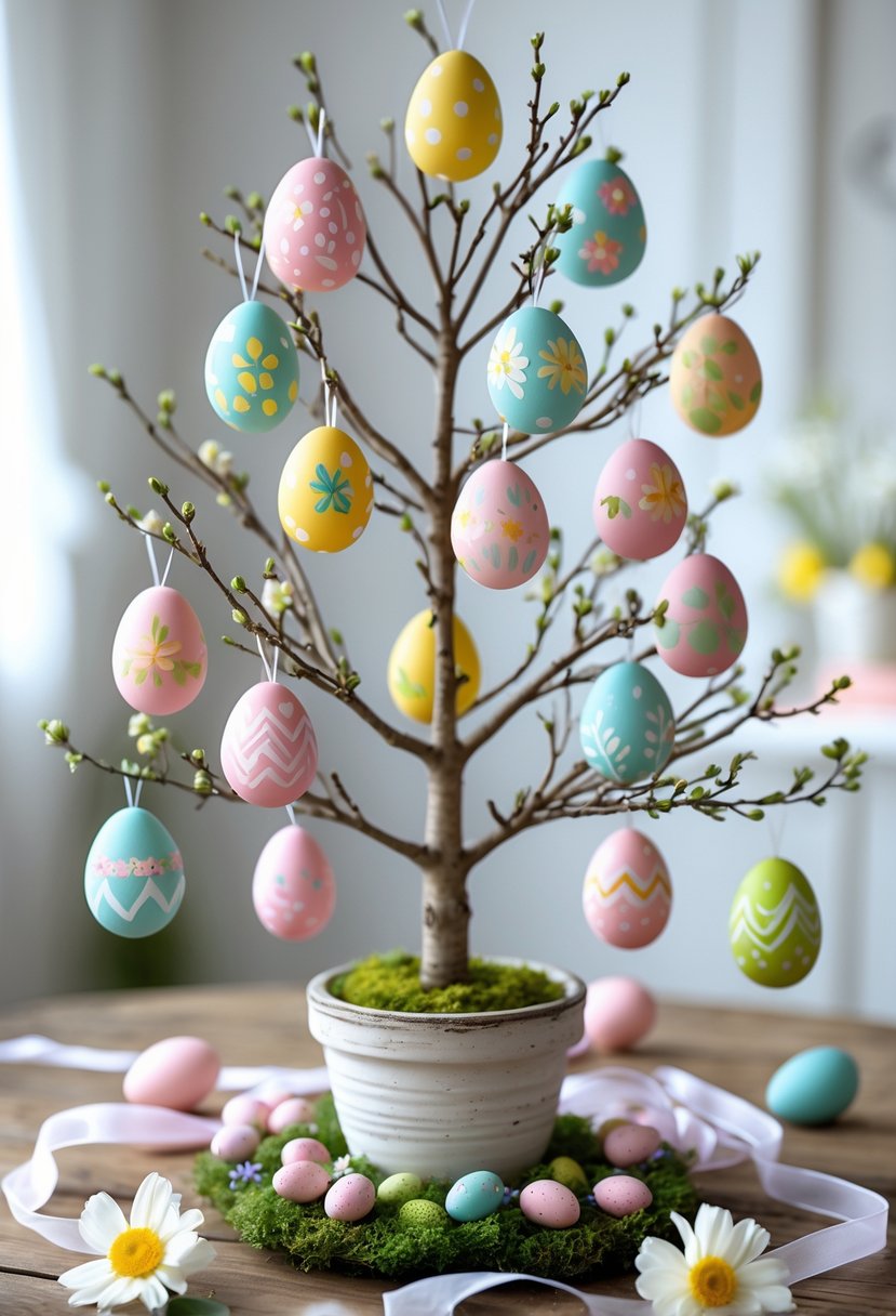 A small tree branch arrangement decorated with colorful hand-painted Easter eggs placed on a wooden table with spring flowers around it.