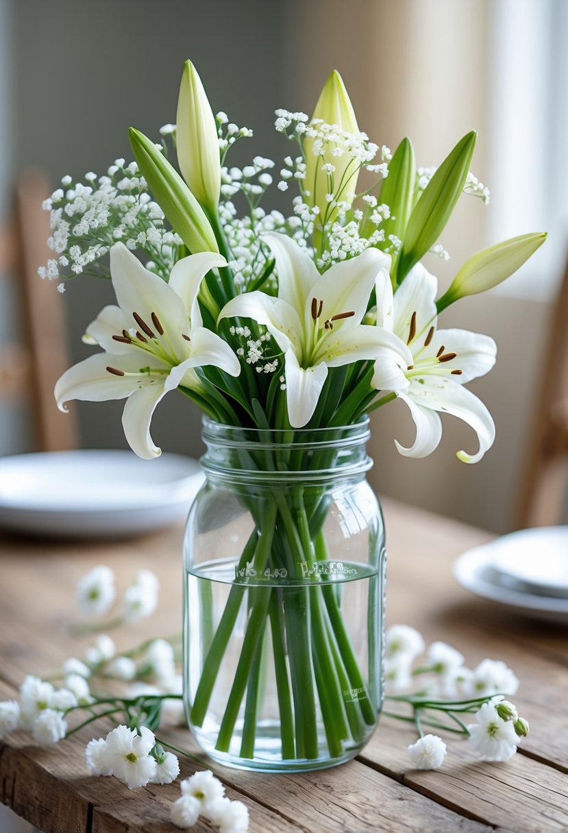 A mason jar vase filled with fresh white lilies and baby's breath flowers on a wooden table.