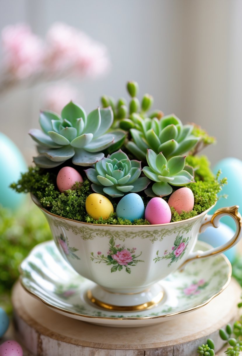 A vintage teacup filled with green succulents and colorful mini Easter eggs on a wooden surface.