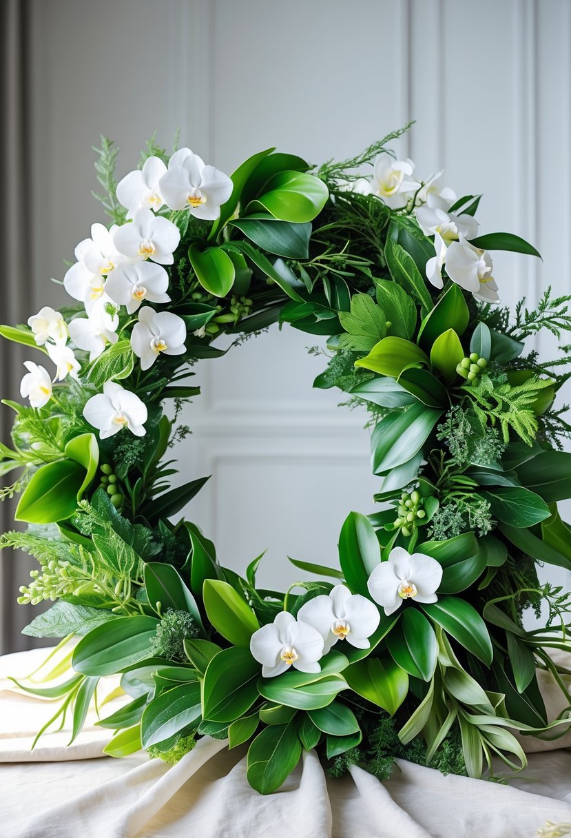 A lush green wreath decorated with white orchids placed as a centerpiece on a table.