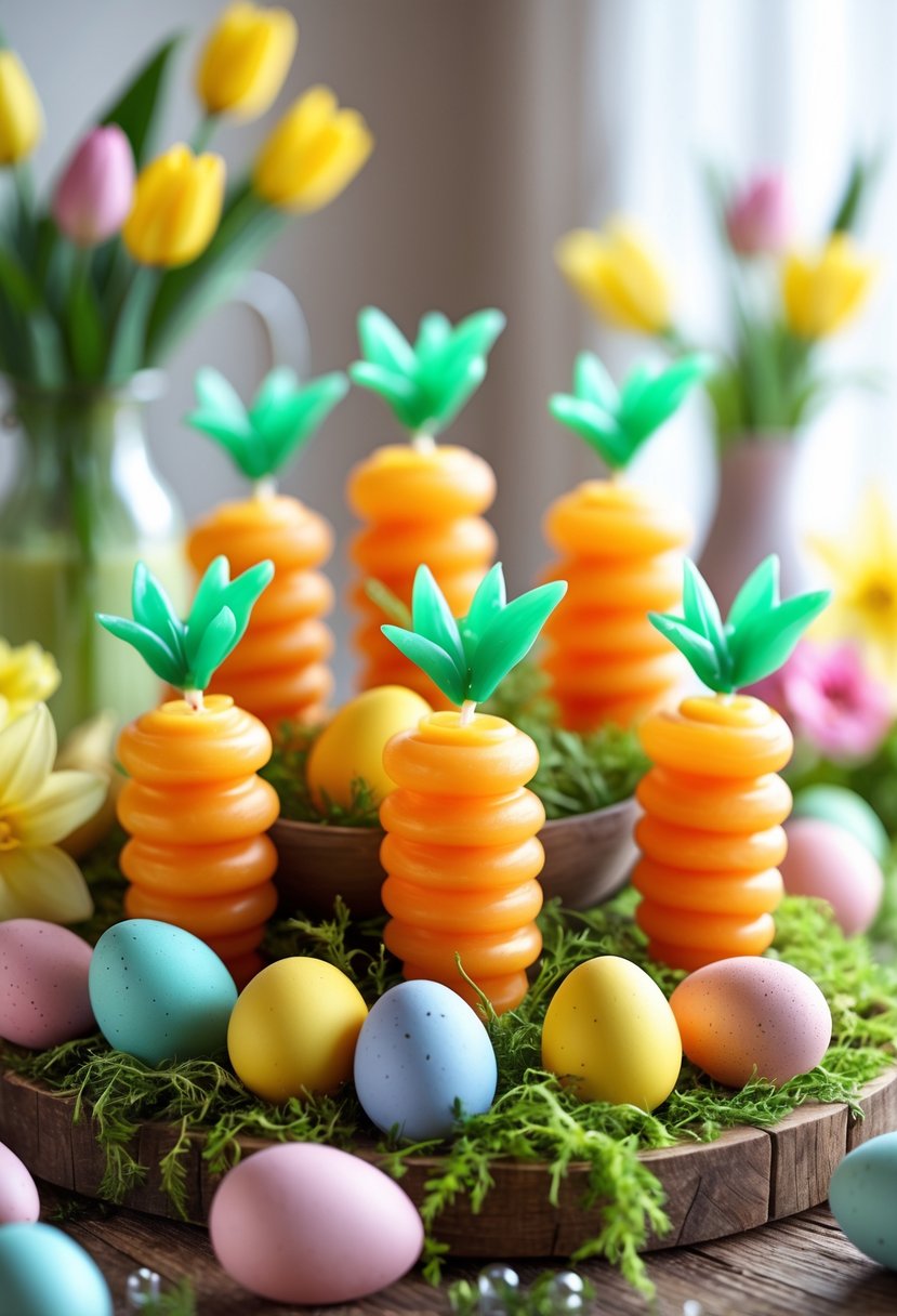 A colorful display of carrot-shaped candles arranged with Easter eggs and spring flowers on a wooden table.