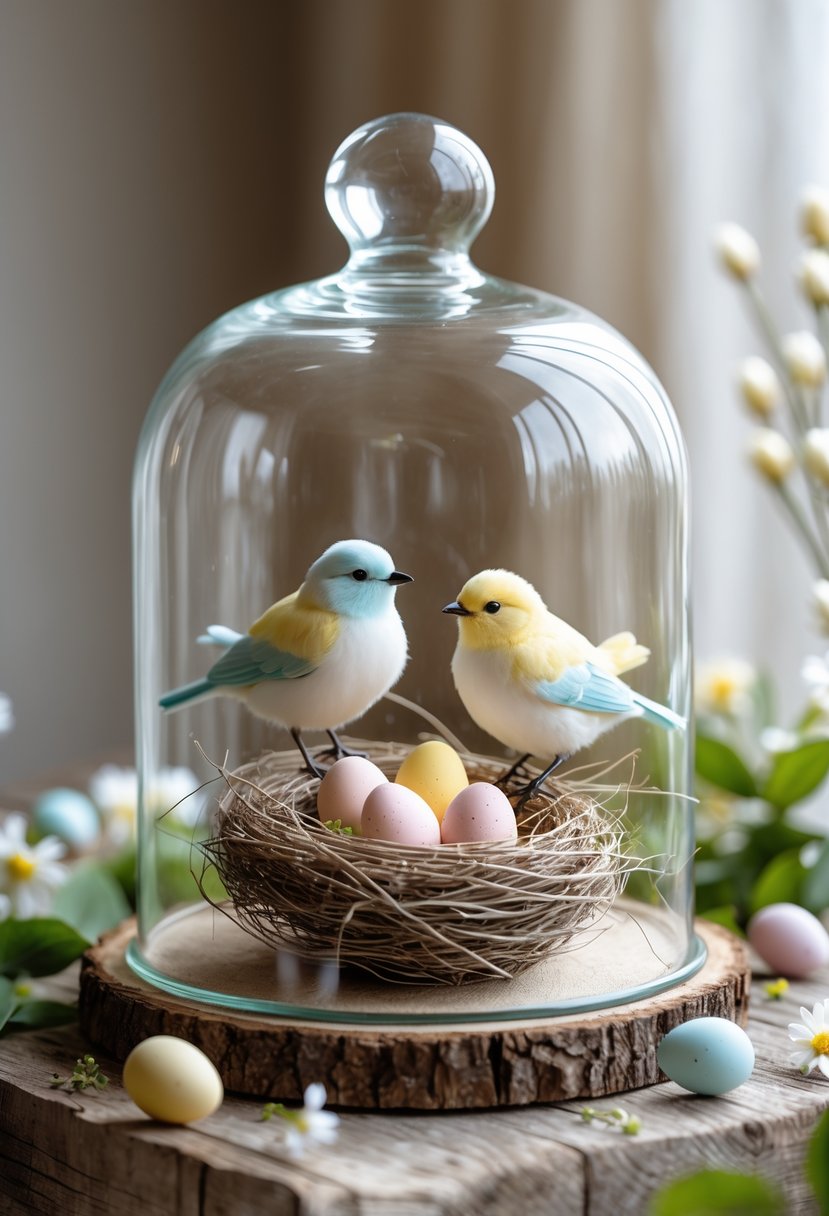 A glass cloche covering a small nest with pastel-colored eggs and two decorative birds, placed on a wooden surface with spring-themed decorations around it.