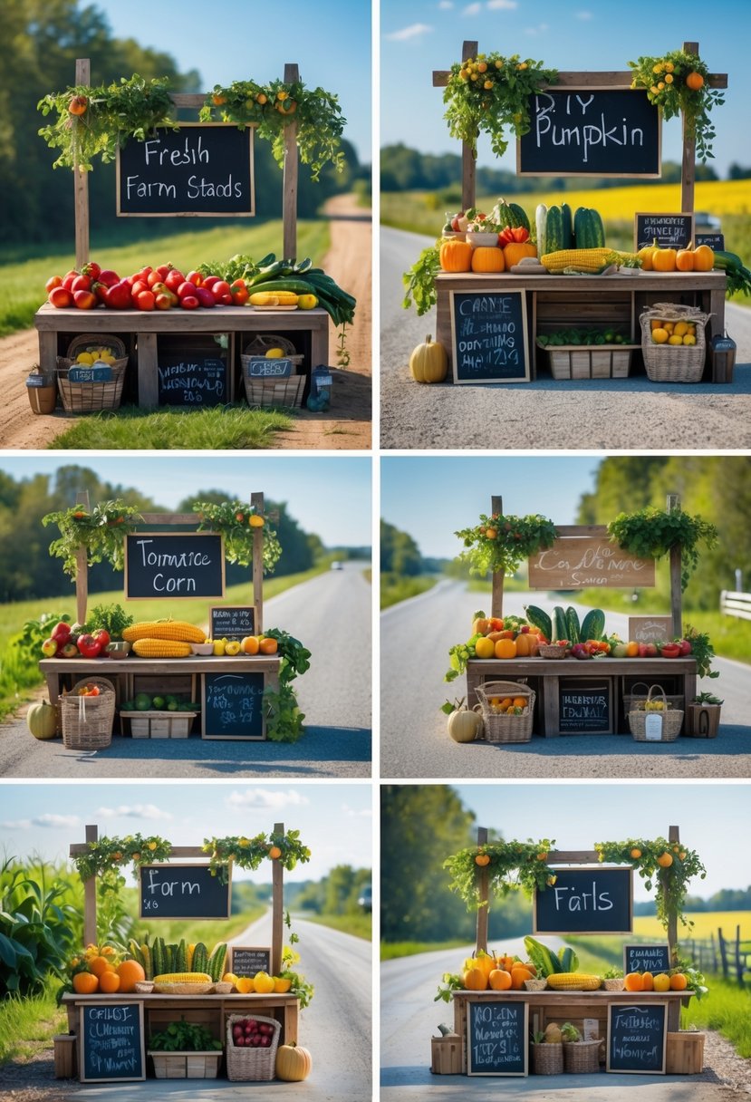 Ten rustic roadside farm stands displaying fresh fruits and vegetables along a country road with trees and fields in the background.