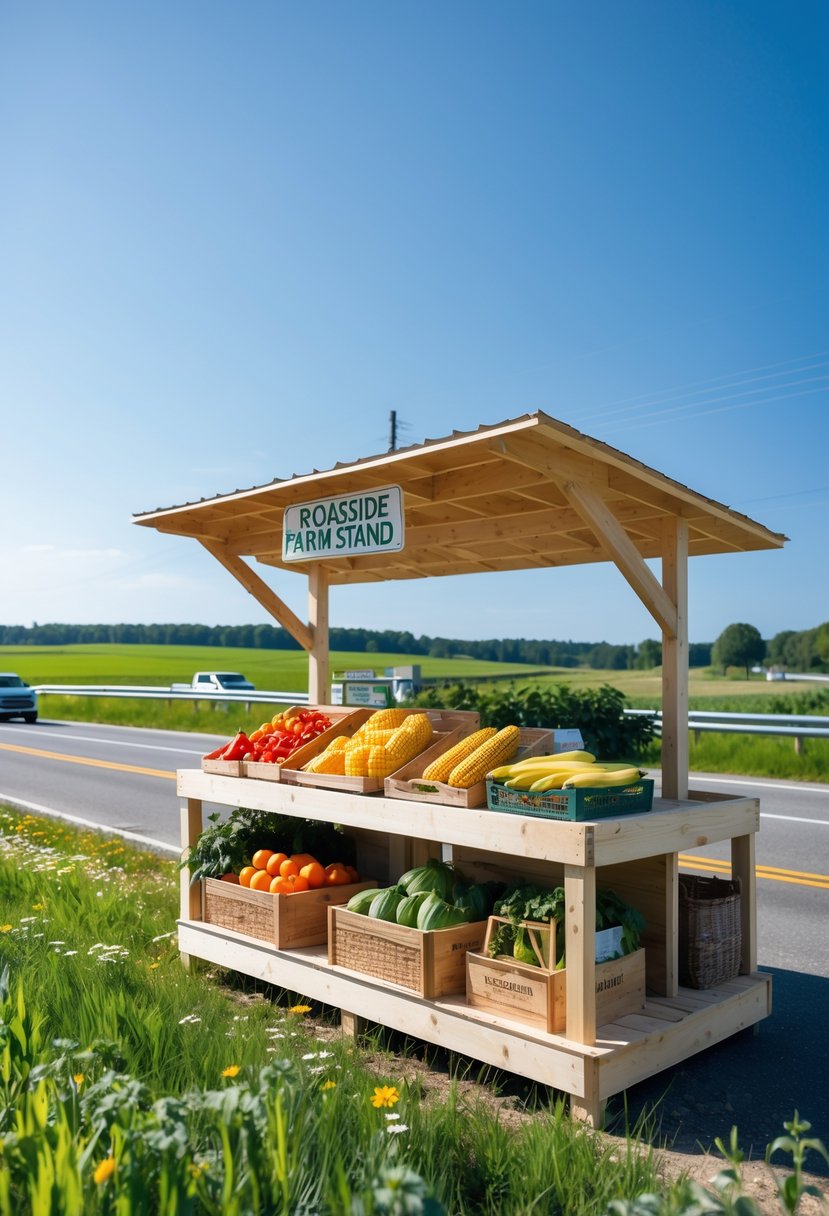 A roadside farm stand with fresh fruits and vegetables displayed, located near a busy country road surrounded by green fields.