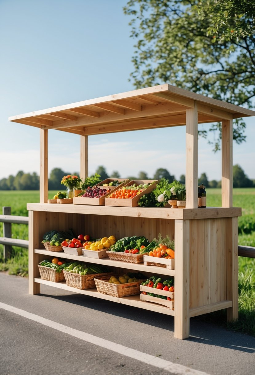 A simple wooden roadside farm stand displaying fresh vegetables and fruits beside a rural road with green fields in the background.