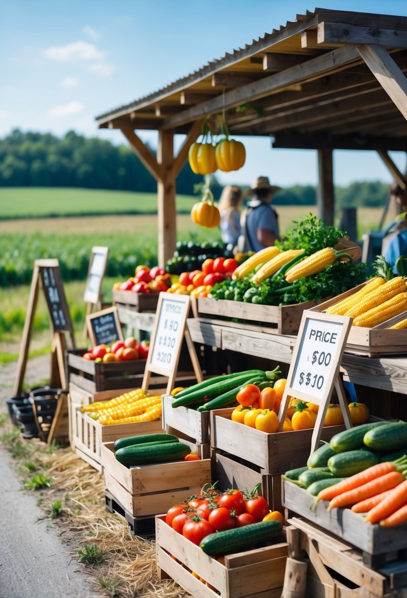 A roadside farm stand outdoors with fresh fruits and vegetables displayed in wooden crates and clear price signs visible.