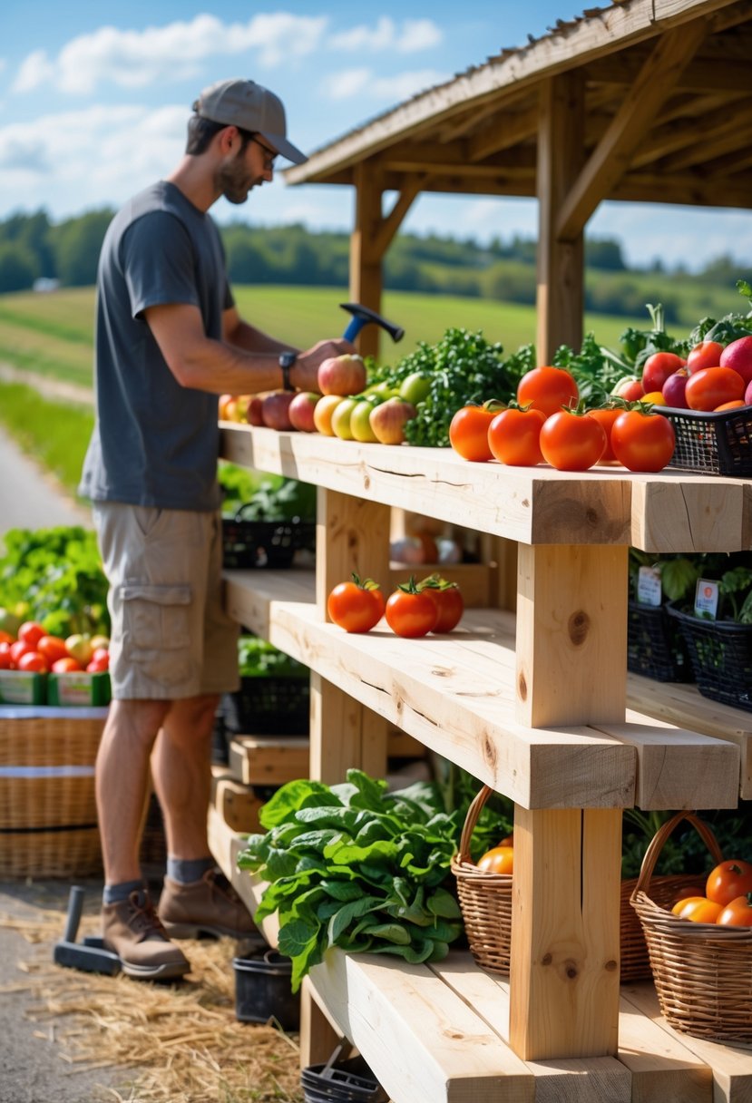 Person building wooden shelves outdoors for a roadside farm stand with fresh fruits and vegetables nearby.