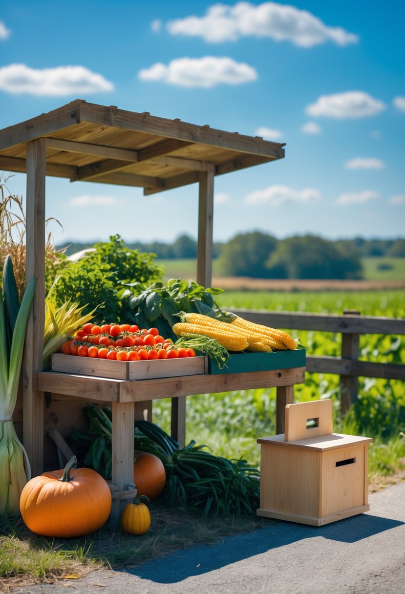 A rustic roadside farm stand with fresh produce and a wooden payment box on a table in a rural setting.