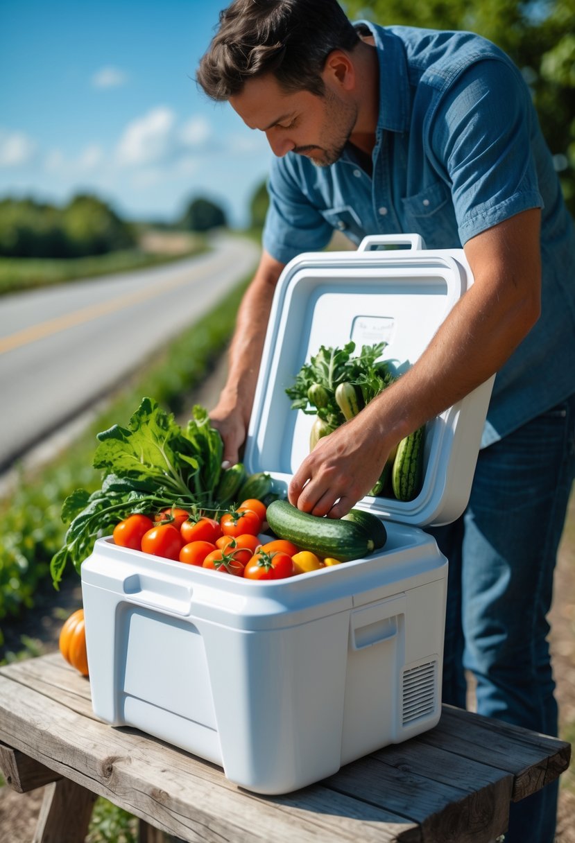 A person setting up a small cooler filled with fresh fruits and vegetables at a roadside farm stand outdoors.