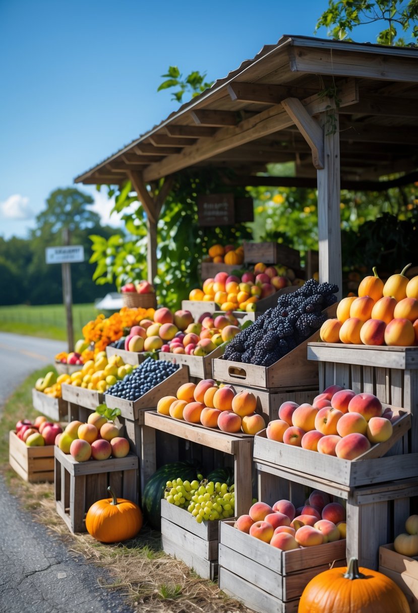 A roadside farm stand displaying a variety of fresh seasonal fruits outdoors on a sunny day.