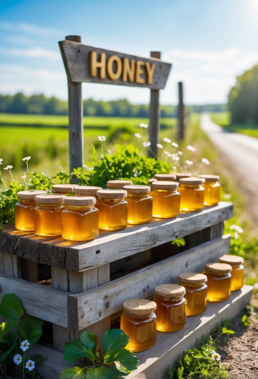 Roadside farm stand displaying jars of local honey with wildflowers and greenery in a sunny rural setting.